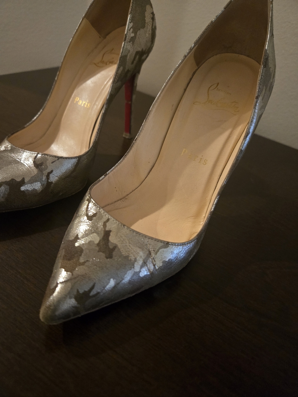 Christian Louboutin Pigalle ChampagneMetallic Camouflage Pointed Toe Pumps